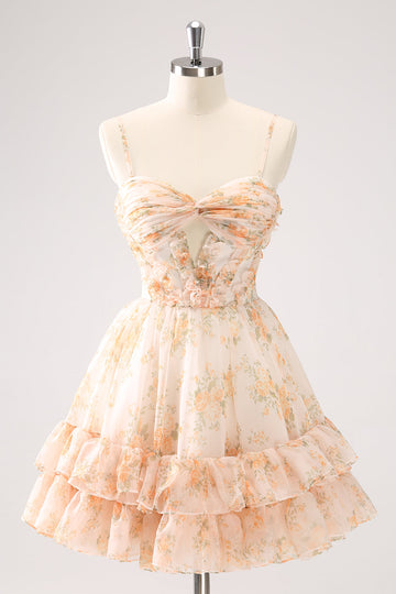 Vestido de fiesta corto con volantes y flores amarillas